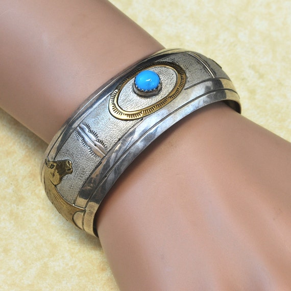 Vintage Sterling Silver Turquoise Cuff Bracelet - Signed VR View 3
