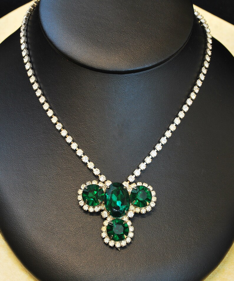 Vintage Necklace Vintage Costume Green and White Rhinestone Etsy
