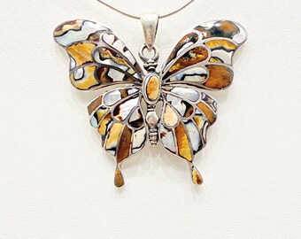 Vintage Necklace - Vintage Sterling Silver Multi-Stone Inlay Butterfly Necklace