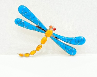 Vintage Pendant - Vintage Sterling Silver Handcrafted Blue Turquoise & Spiny Oyster Dragonfly Pendant