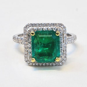 Emerald Ring - Handmade Emerald and Diamond Halo Ring in 18k White and Yellow Gold