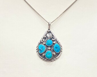Vintage Necklace - Vintage Sterling Silver Native American Blue Turquoise Necklace