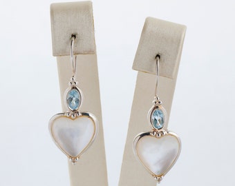 Vintage Earrings - Vintage Sterling Silver Heart Shaped Mother of Pearl and Blue Topaz Drop Earrings