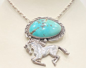 Vintage Necklace - Vintage Sterling Silver Native American Navajo Blue Turquoise Horse Necklace