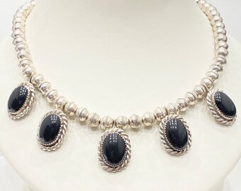 Vintage Necklace - Vintage Sterling Silver Native American Black Onyx Necklace