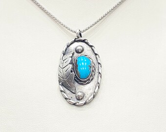 Vintage Necklace - Vintage Sterling Silver Native American Blue Turquoise Necklace