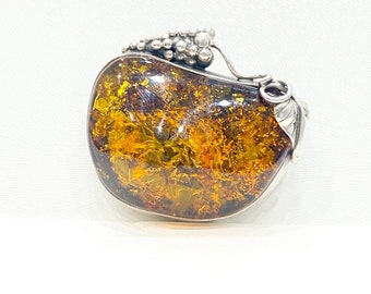 Vintage Pendant - Vintage Sterling Silver Amber Grapevine Pendant