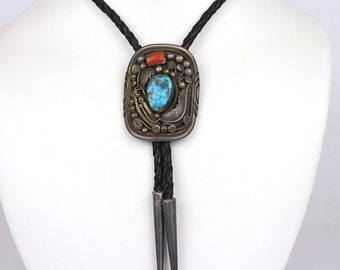 Vintage Bolo Tie - Vintage Navajo Turquoise and Sterling Silver Bolo Tie