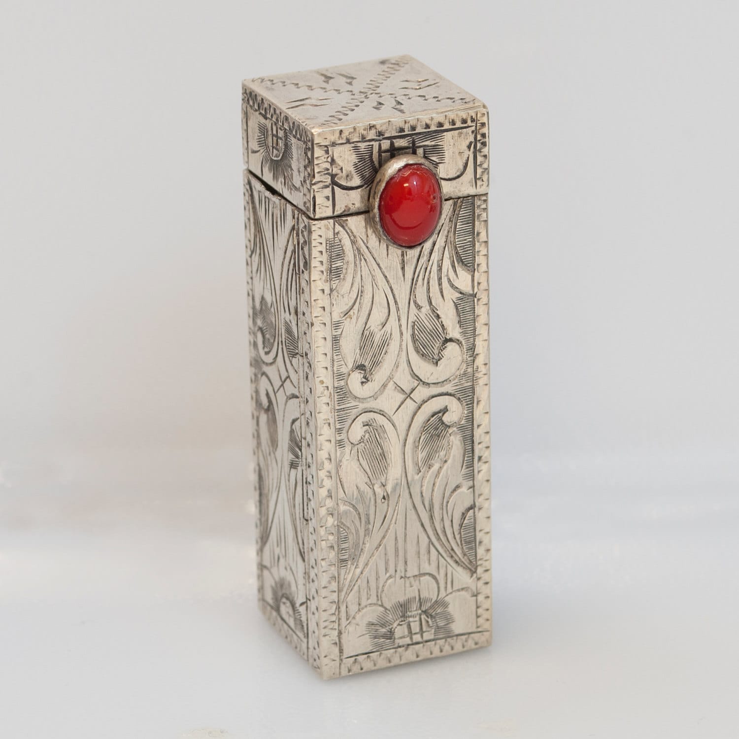 Antique Etched 800 Silver Lipstick Case With Mirror & Red Gem