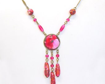Antique Necklace - Antique 1920s Iridescent Pink Glass Bead Necklace