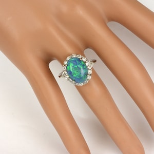 Opal Ring - Black Opal and Diamond Halo Ring in 18k White Gold