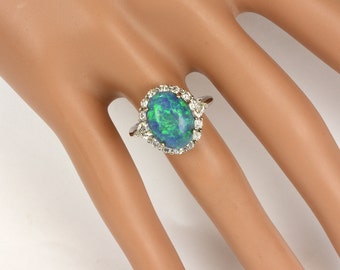 Opal Ring - Black Opal and Diamond Halo Ring in 18k White Gold