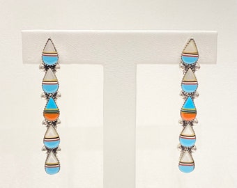 Vintage Earrings - Vintage Sterling Silver Zuni Mother of Pearl, Turquoise, Onyx and Spiny Oyster Earrings