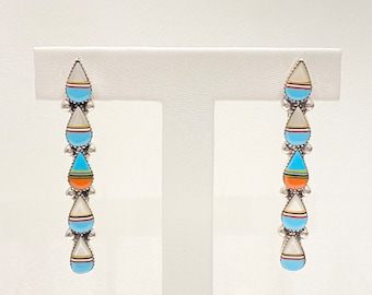 Vintage Earrings - Vintage Sterling Silver Zuni Mother of Pearl, Turquoise, Onyx and Spiny Oyster Earrings