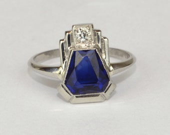 Antique Ring - Antique 1920's Art Deco Synthetic Blue Sapphire and Diamond Ring in 14k White Gold