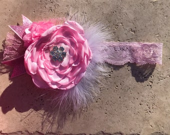 Giant Flower Headband,Lace Baby Headband,Pink Baby Headband,Photo Prop Headband,Flower Girl Headband, Pink Bow,Chic Little Headband