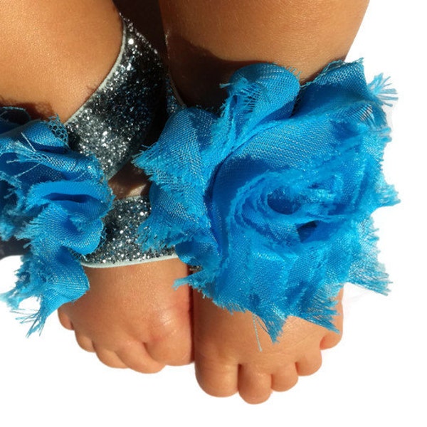 Silver Glitter,Baby Barefoot Sandals,Chic Little Feet,Silver Bling Baby Shoes,Blue Rose Baby Sandals,Blue Flower Girl Sandals,Blue Rose Shoe