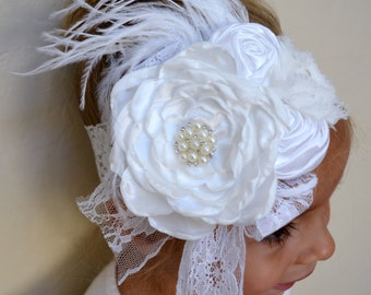 Baptism Headband,Giant Flower Headband,Lace Baby Headband,White Baby Headband,Photo Prop Headband,Flower Girl Headband, Toddler Headband