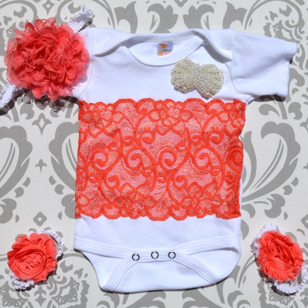 Lace Baby Bodysuit,Take Home Outfit,First Birthday Outfit,Baby Girl Bodysuit,Coral Baby,Shabby Chic Baby,Coral Baby, Easter Baby Outfit