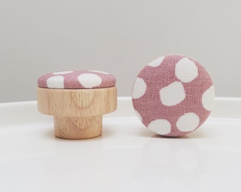 Pink & White Dots Fabric Wooden Knob, Cabinet Hardware, nursery Dresser Knob, Furniture Hardware