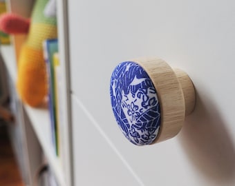 Navy Blue Flowers Fabric Wooden Knob, Cabinet Hardware, nursery Dresser Knob, Furniture Hardware