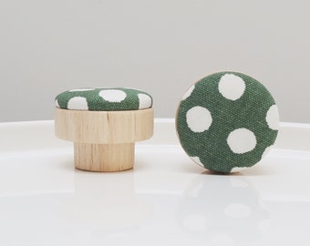 Green & white Dots Fabric Wooden Knob, Cabinet Hardware, nursery Dresser Knob, Furniture Hardware