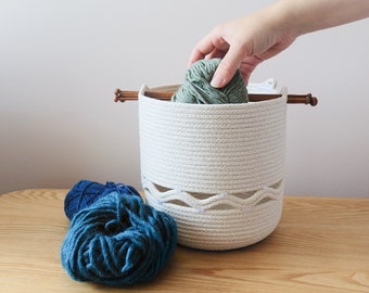 Yarn storage with knitting needle carry handle / gift for her / decorative basket / craft basket / storage basket