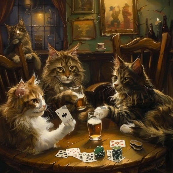 Ragamuffin cats playing poker digital art, png file art, cats, cats art, digital file, digital download, downloadable content