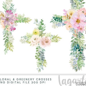 Cruces de Hojas Verdes en Acuarela y Flores Eucalipto, Olivo, Arreglos Florales, Para Invitaciones Tarjetas Blogs