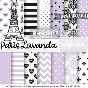 May include: A set of 14 digital scrapbook papers featuring a Parisian theme. The papers include various patterns, such as stripes, polka dots, hearts, and chevron designs. The colors are lavender and black. The papers are 12 inches by 12 inches and 300 dpi.