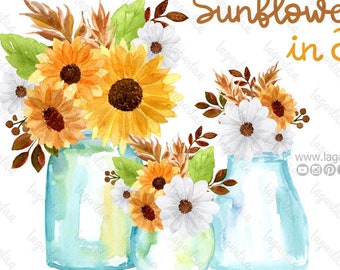 Sunflowers Summer Fall Sublimation Watercolor Autumn Glass Jars Clipart PNG hand painted planners logos, cardmaking, home decoration, floral