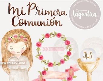 First Communion Watercolor Girly Angel Praying, hand painted, banner, ribbons, hearts, Clipart, Catechism, Holy Spirit, floral roses wreath