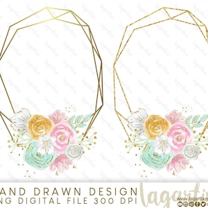 Geometrisch frame met aquarel geschilderde bloemen en Gouden Glitter, voor uitnodigingen, labels, kaarten, blog, website, handgeschilderd