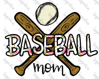 Floral Baseball Bat MOM Lettering Hand drawn Softball Sublimation Digital Image design gifts ideas PNG clipart Doodle  Season for Tshirt