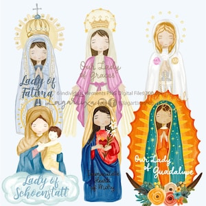 Maagden in aquarel 6 Religieuze afbeeldingen PNG Clipart Individuele bestanden van de stralen, Guadalupe, Fatima, Mystic Rose, Schoenstatt