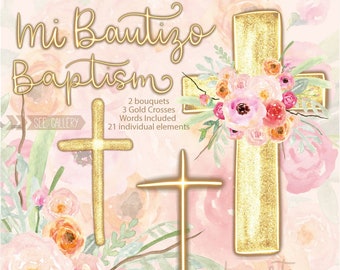 Gold Baptism Crosses Baptism Floral Roses Watercolor Pale Pink peach PNG clipart | shabby chic Hand Painted bouquet arrangement Lagartixa