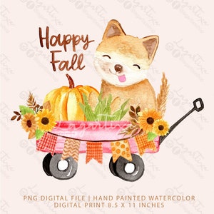 Puede incluir: Una ilustración de acuarela de un perro lindo sentado en un carro rosa con una calabaza, maíz y girasoles. El texto "Happy Fall" está escrito sobre el carro.