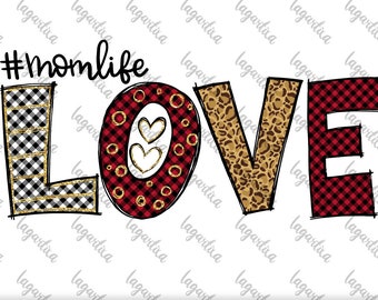 Valentine sublimation Cheetah Mom LOVE Sublimation PNG Image Mother's Day Design downloads lettering hand drawn Animal Print and Red Plaid