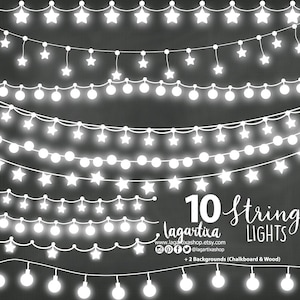 May include: Ten string lights with white bulbs and stars, on a black chalkboard background.  The text "10 string lights" and "lagartixa" are written in white on the background.  The text "www.lagartixashop.etsy.com" and "@lagartixashop" are also written in white on the background.