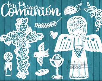 Floral Cross Girl Angel Praying Cut Files SVG AI For Laser Paper First Holy Communion chalice Holy Spirit Candle Christian Clipart Religious