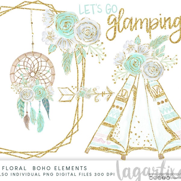 Teepee, Tipi and floral Watercolor Floral Boho Event clipart, PNG, Glamping Birthday, Sleepover Theme, Camping Slumber Glam Camping Party