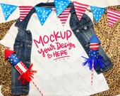 Patriotic 4th July Mockup Stars Stripes Red Blue Gray Woman T-shirt fireworks american boots denim skirt modern mom young woman photografy