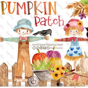 Pode incluir: Ilustração de aquarela de uma cena de campo de abóboras com dois espantalhos, abóboras, abobrinhas, espigas de milho, girassóis e uma carriola. O texto "PUMPKIN Patch" está escrito na parte superior da imagem.