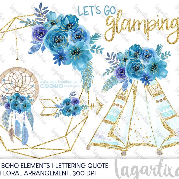 Boho Dreamcatcher Teepee Blue Gold Tipi floral Watercolor Floral Event clipart PNG Glamping Birthday Sleepover Theme Camping Slumber Glam