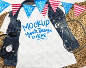 Patriotic 4th July Mockup Stars Stripes Red Blue Gray Woman T-shirt fireworks american boots denim skirt modern mom young woman photografy