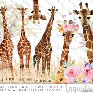 Jirafas en Acuarela con Flores, Arboles y Paisaje Africano, Clipart PNG Elementos Individuales para crear diseños, invitaciones, etiquetas