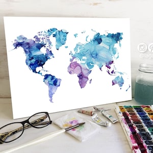 Wereldkaart Earth Design aquarelprint, letter- en tabloidformaat, PNG-illustraties, woondecoratie, kunst, kunst aan de muur, voor huwelijksuitnodigingen, kaarten maken