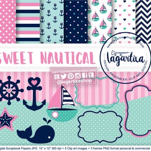 Digitales Papier Marine Hintergrund rosa Türkis Meer Mädchen Party Chevron Zickzack Clip Art Boot Wal Timon Anker Nautico Sternmeer