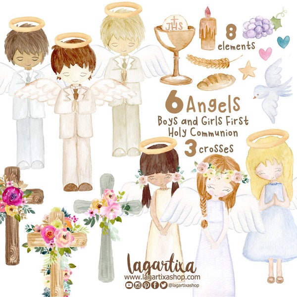 First Communion Watercolor Floral Girl Angel, hand painted, Clipart, Clip art, Holy Spirit, Event Planner, Decor, Religious, Christening