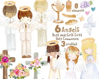 First Communion Watercolor Floral Girl Angel, hand painted, Clipart, Clip art, Holy Spirit, Event Planner, Decor, Religious, Christening